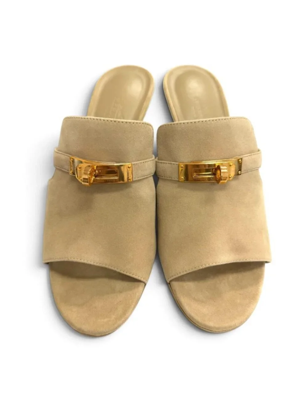 Hermes Candy Suede Leather Beige Argil Kelly Buckle Open Toe Sandals